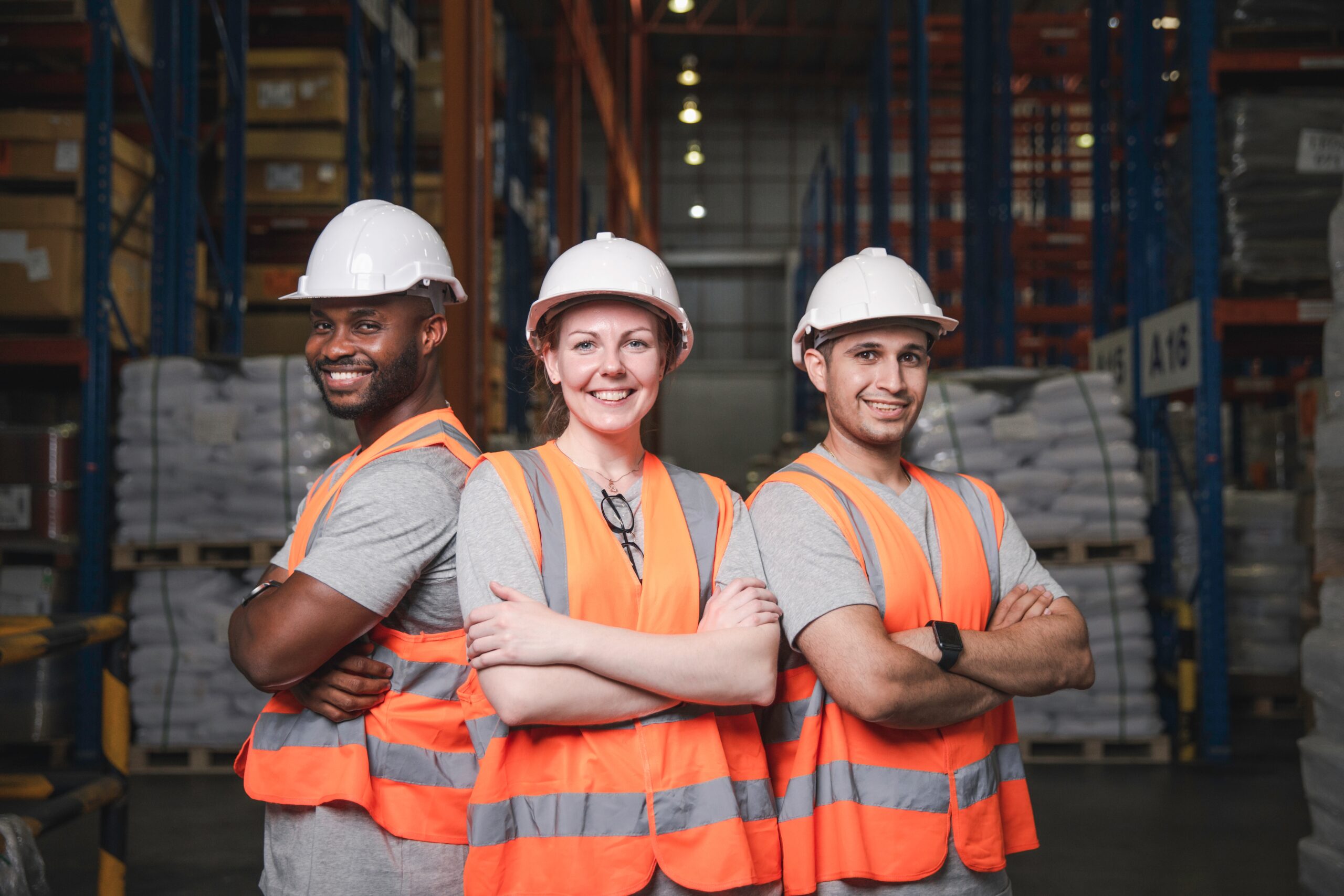 Group,Of,Smiling,Worker,Standing,Together,At,Logistic,Distribution,Warehouse,